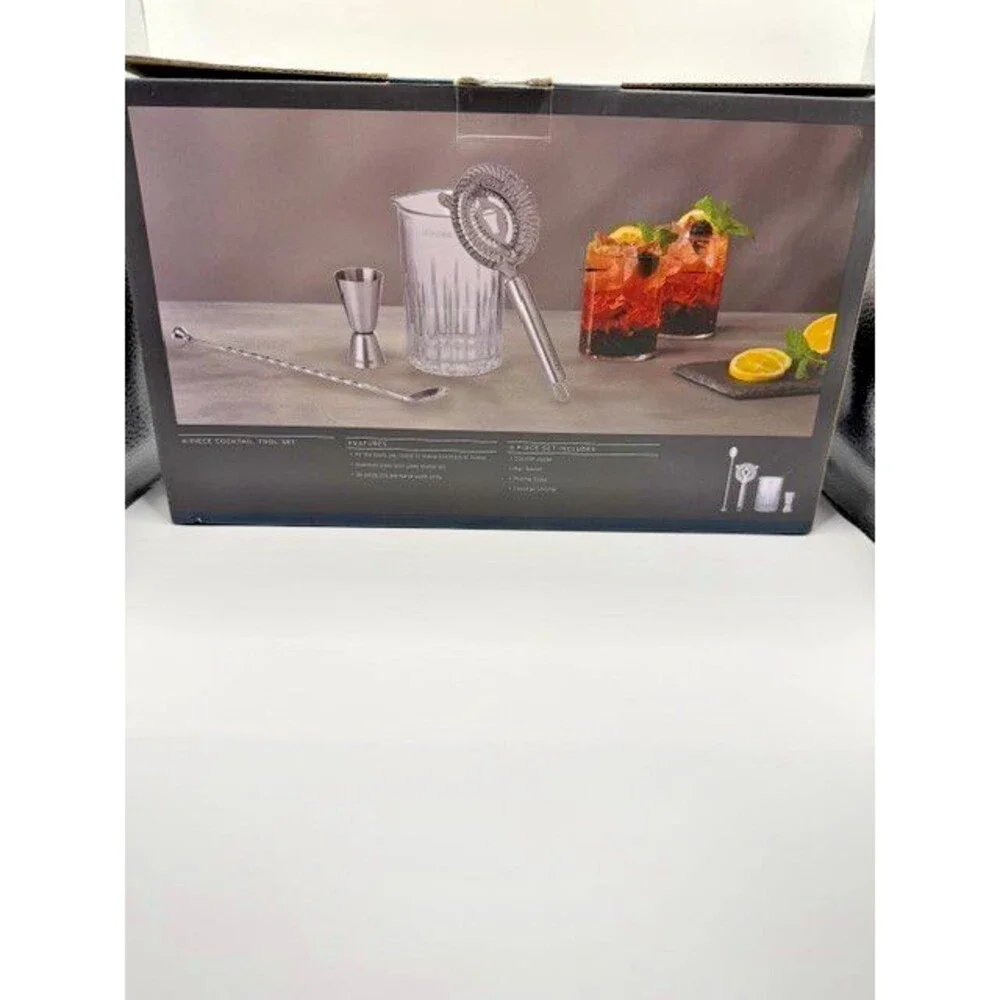 Houdini 4 Piece Cocktail Tool Set Mixing Glass Jigger Strainer Bar Spoon NEW